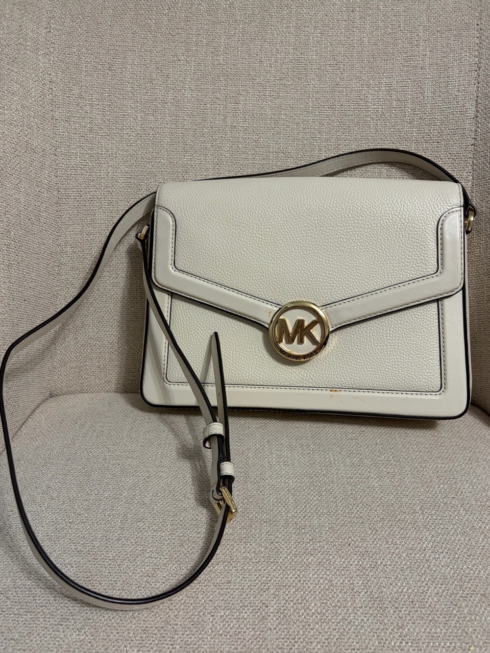 Michael Kors Cream Leather Crossbody with Gold MK Emblem